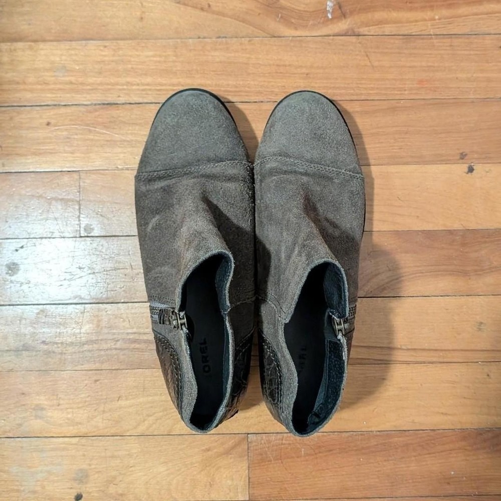 Womens Sorel Brown Grey Ankle Boots Good Suede Croc Embossed Zip Booties